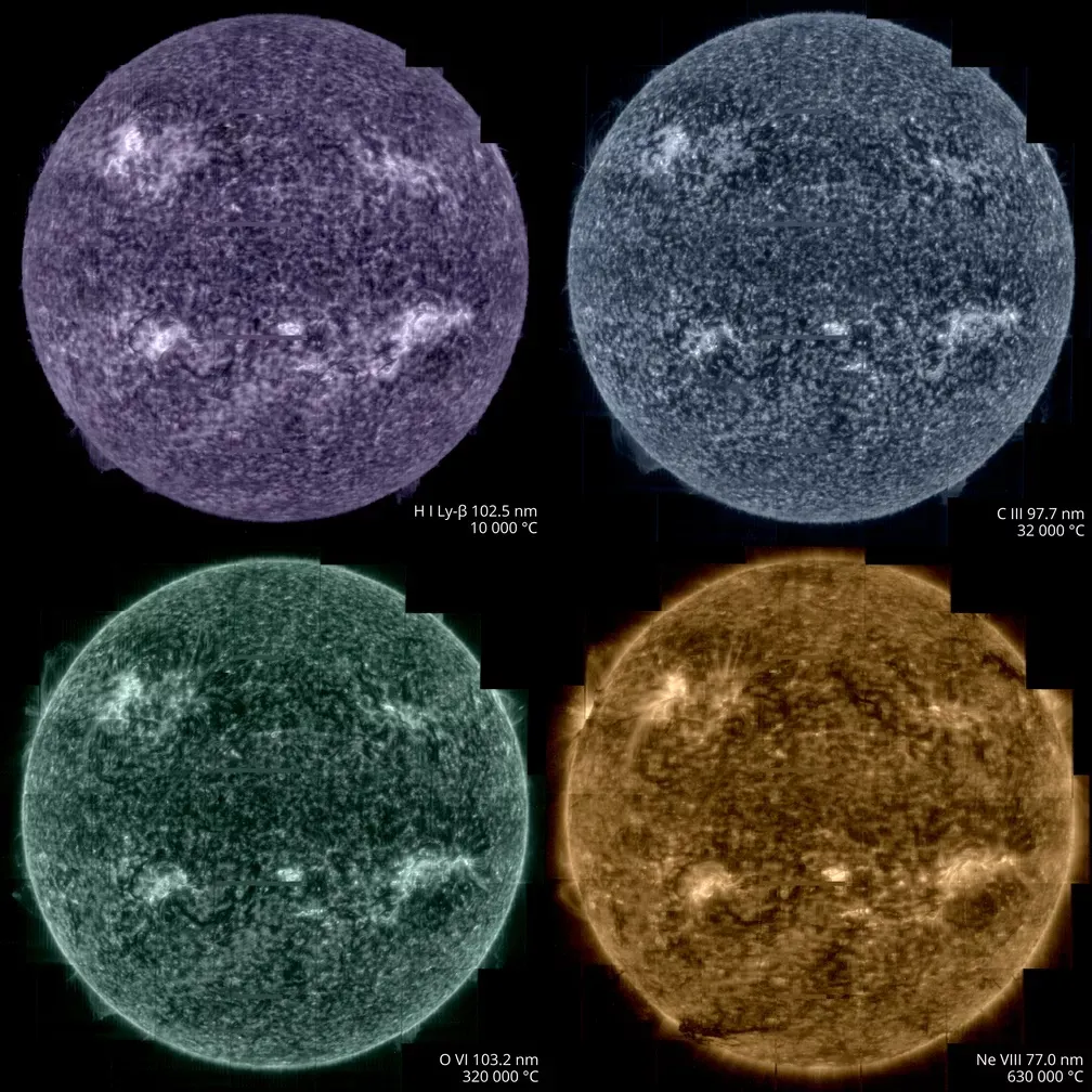 Diferentes pontos da atmosfera do sol em cores