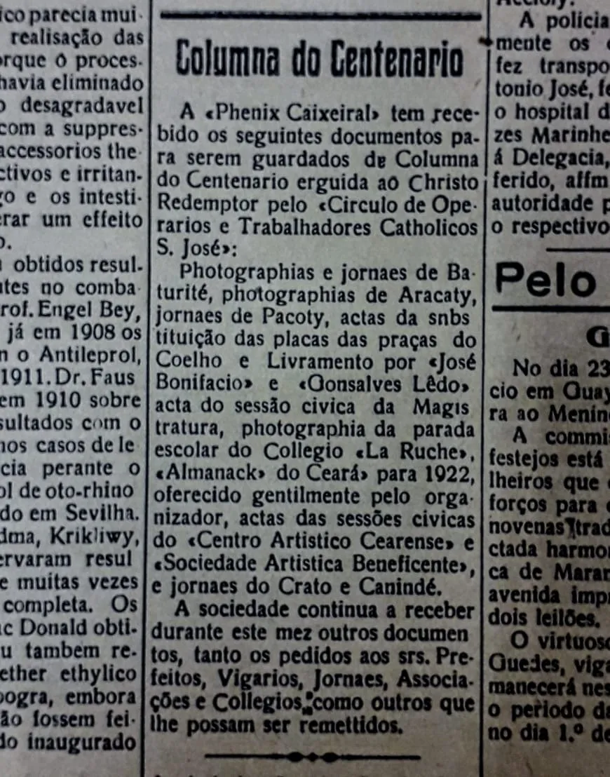 Notícia do Correio do Ceará em 14 de dezembro de 1922, disponível no Instituto do Ceará.