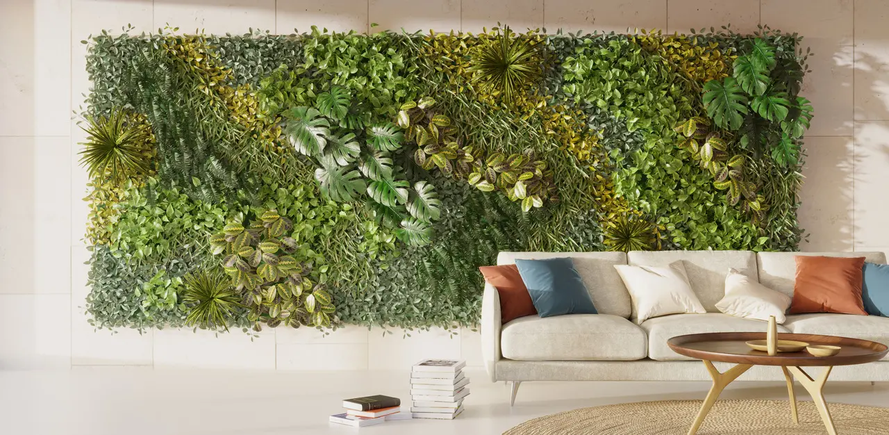 Jardim Vertical em ambiente iluminado e com sofá branco
