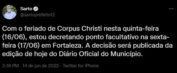 O prefeito publicou a decisão nas redes sociais