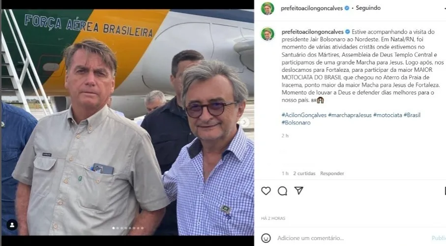 Prefeito de Eusébio postou na tarde deste domingo (7) registro ao lado de Bolsonaro