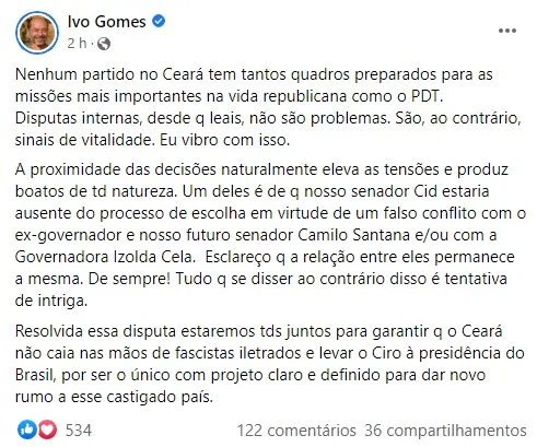 Publicação de Ivo na noite do domingo (17)