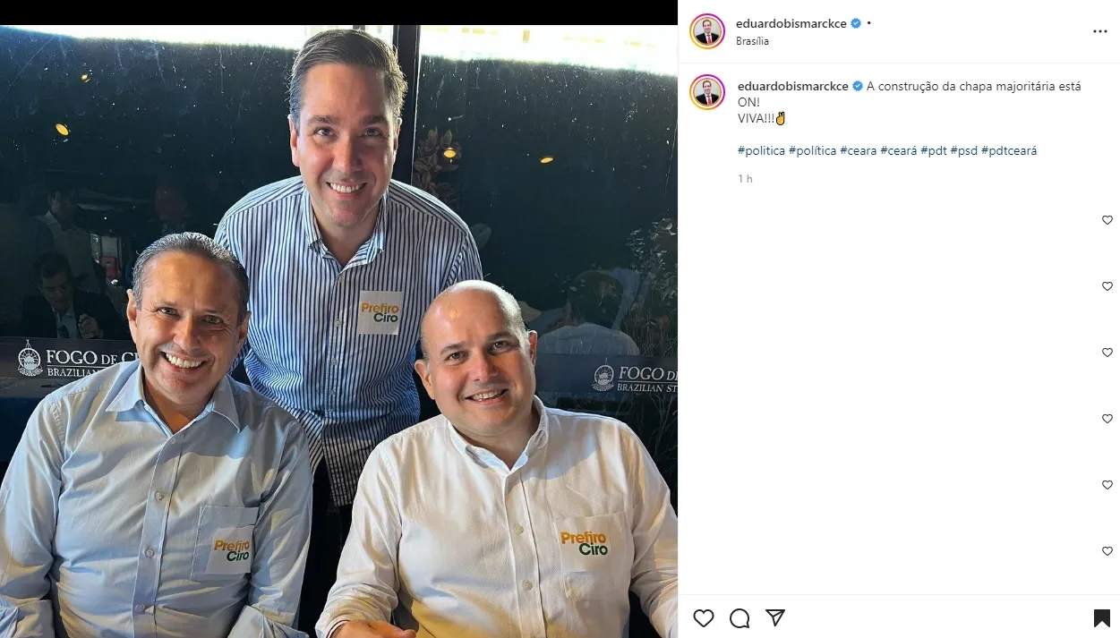 O deputado federal Eduardo Bismarck fez publicação indicando diálogo entre Roberto Cláudio e Domingos para chapa majoritária