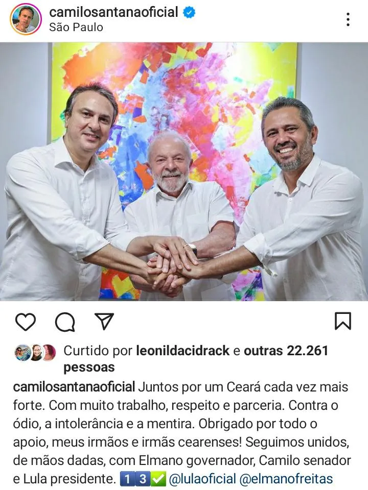 Post de Camilo Santana anunciando o nome de Elmano de Freitas como pré-candidato ao Governo do Estado pelo PT