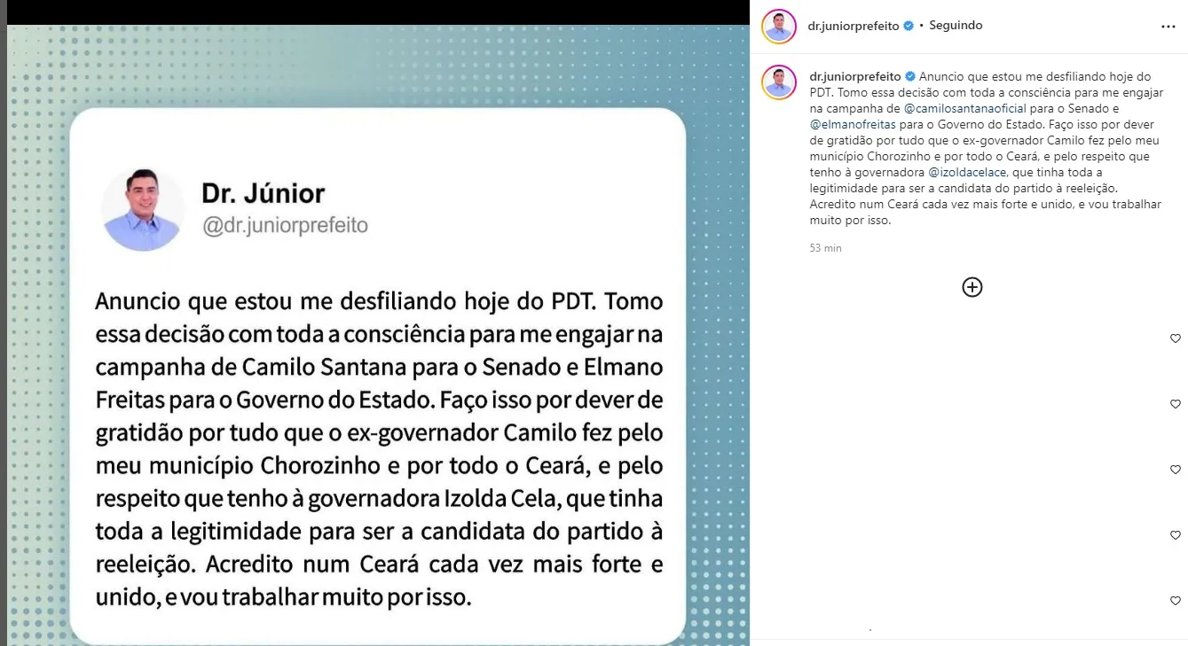 Prefeito de Chorozinho anunciou desfiliação nas redes sociais