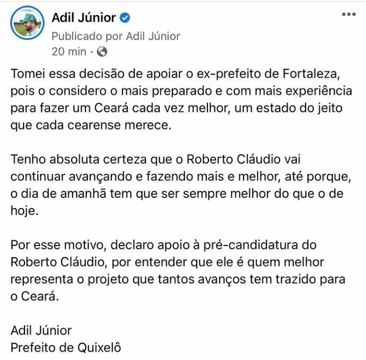 Prefeito de Quixêlo anunciou apoio a Roberto Cláudio