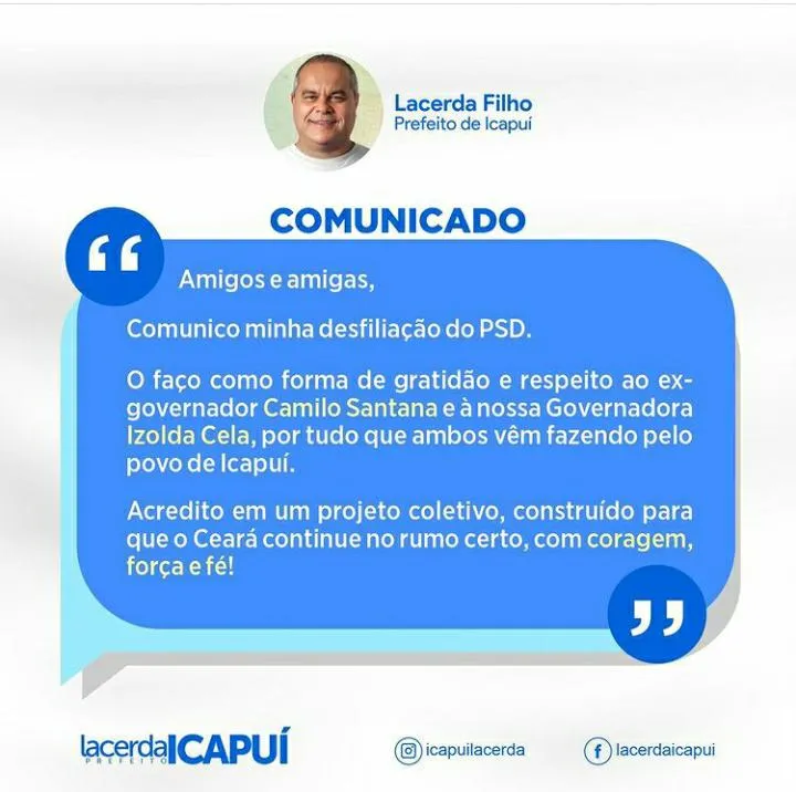 Prefeito de Icapuí, Lacerda Filho anuncia saída do PSD