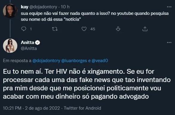Anitta se pronunciou nas redes sociais