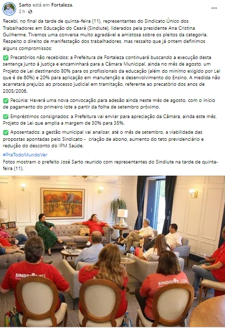 Prefeito José Sarto anunciou compromissos após encontro com representantes do Sindiute