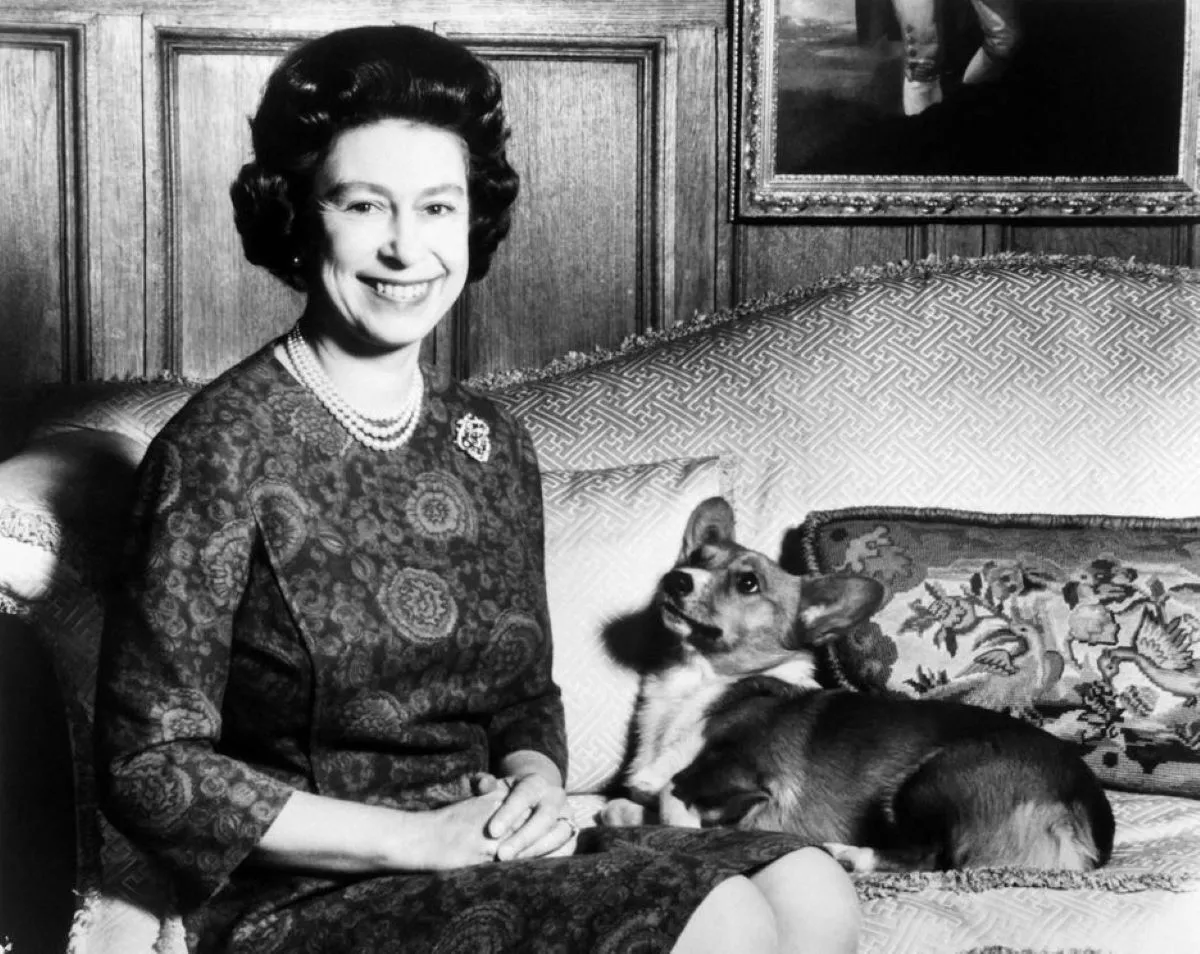 Na foto, a rainha Elizabeth II aparece com um de seus corgis, em 1970
