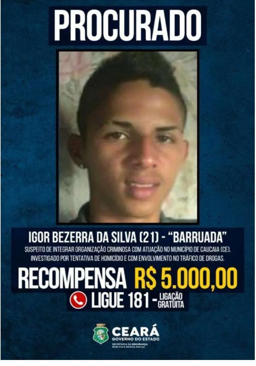 R$ 5 mil eram oferecidos como recompensa, pela SSPDS, por informações que levassem à localização ou prisão de 'Barruada'