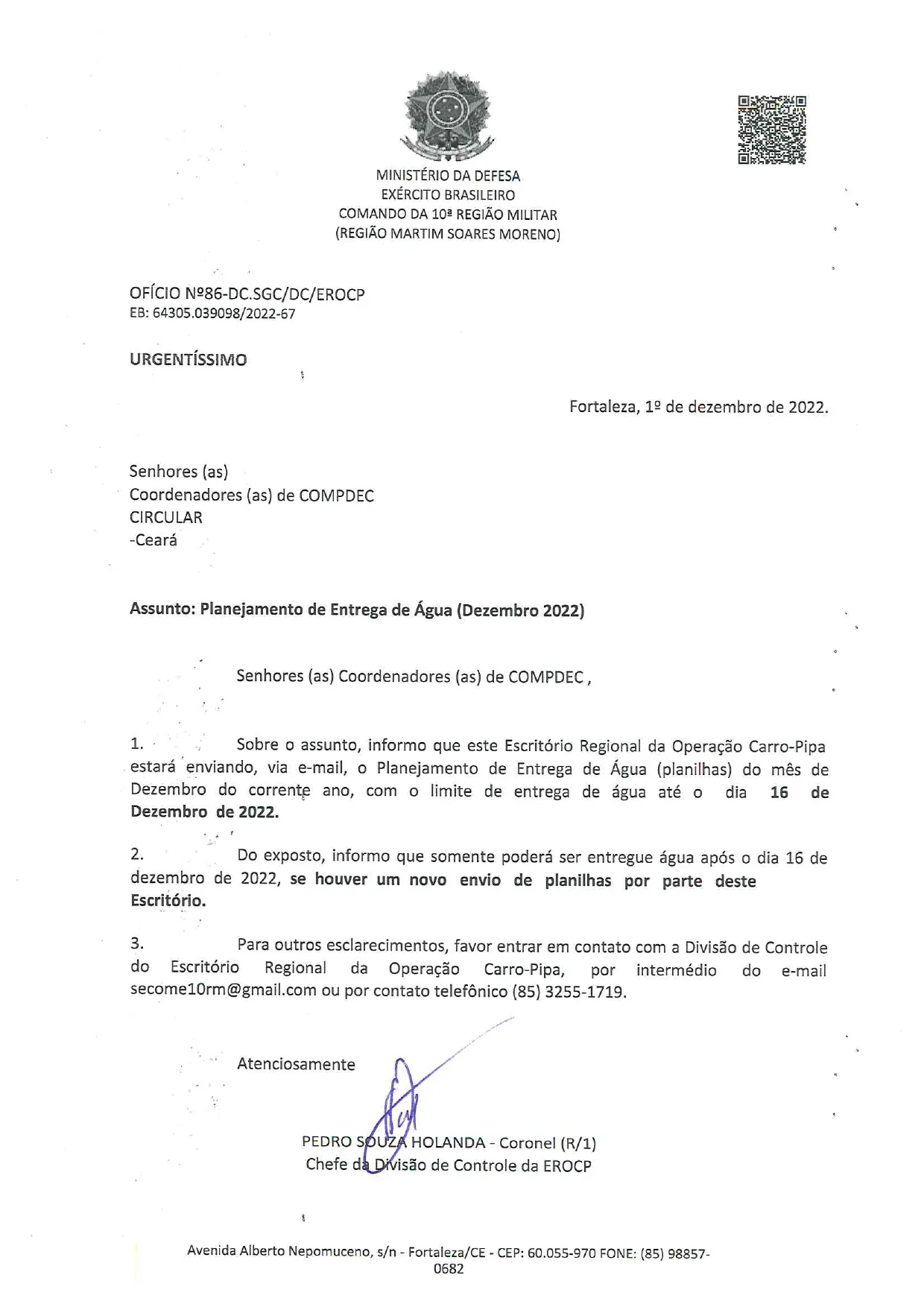Documento divulgado pelo Comando da 10ª Região Militar