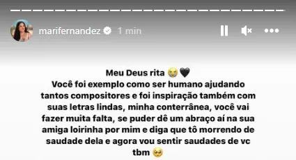 Mari Fernandez lamenta morte de Rita da compositora Rita de Cássia