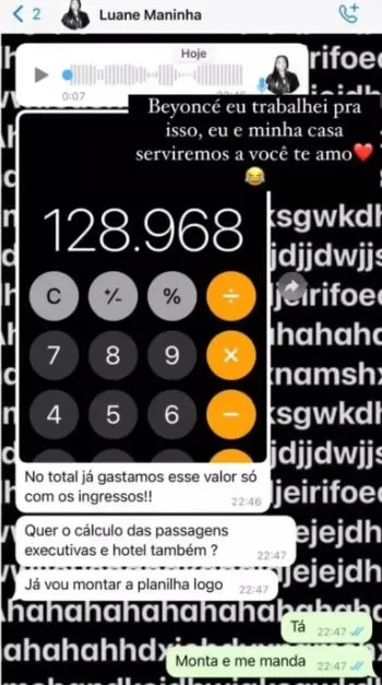 Cantora publicou um print da conversa com a irmã, em que calcula os gastos com ingressos da turnê 