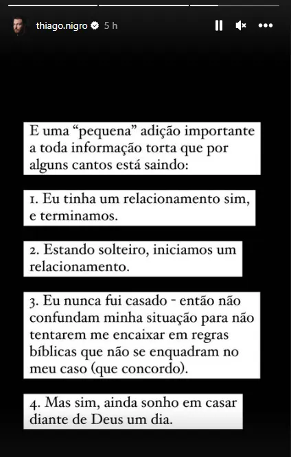 Thiago Nigro se pronunciou após boatos de que teria traído esposa