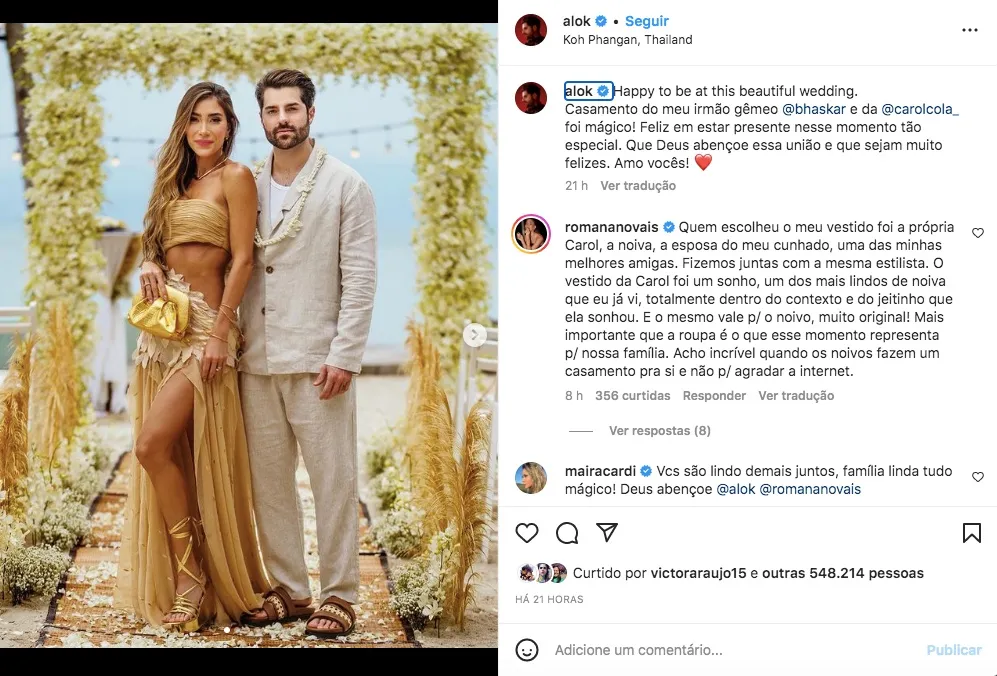 Romana Novais e Alok no casamento do cunhado, Bhaskar Petrillo, irmão gêmeo do DJ, com Carol Cola, na Tailândia