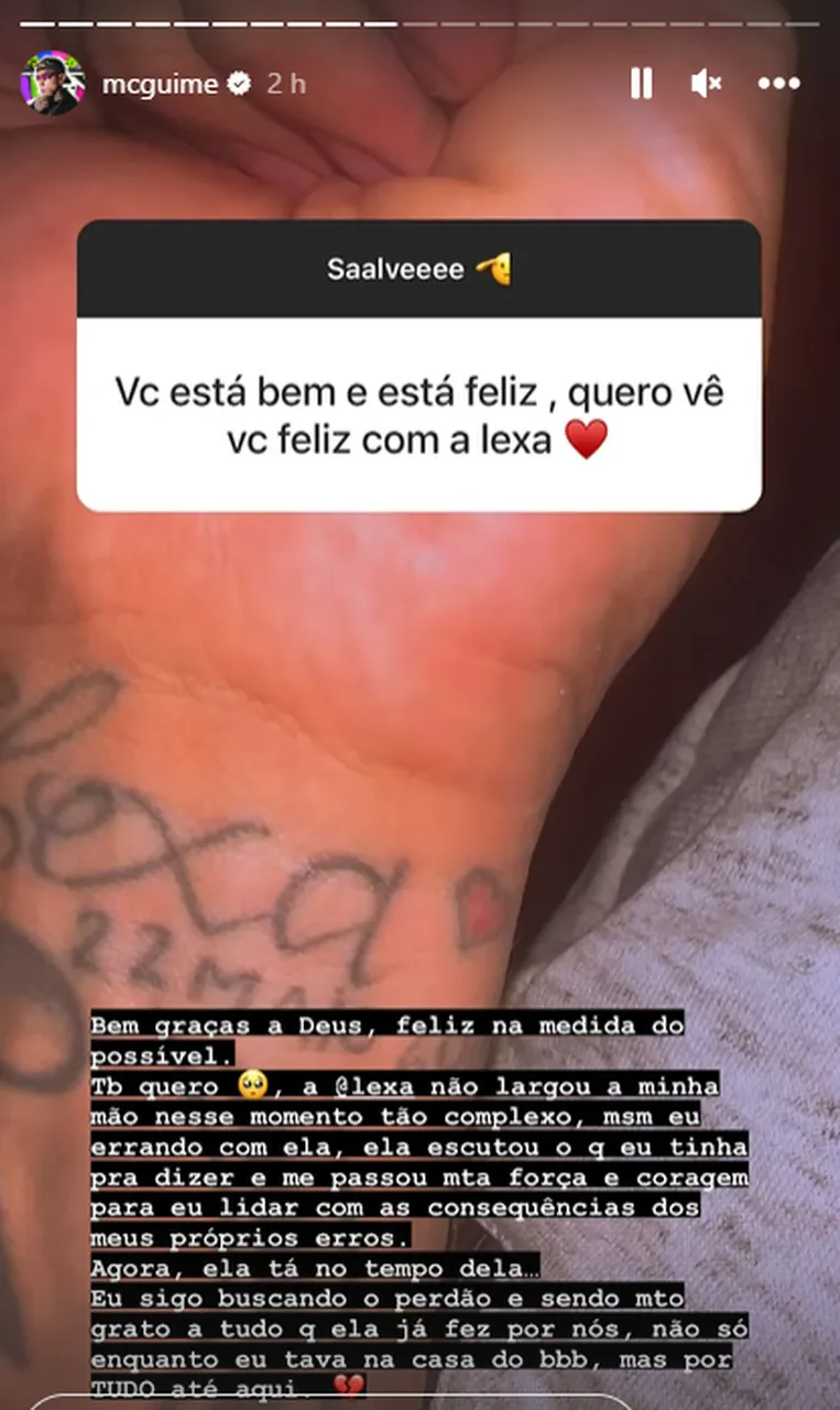Guimê revela que segue buscando o perdão de Lexa