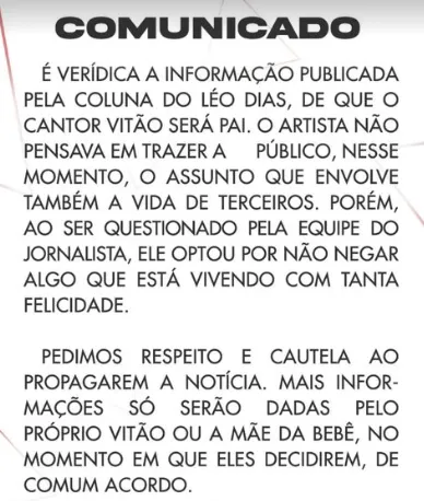Assessoria de Vitão confirmou que cantor será pai