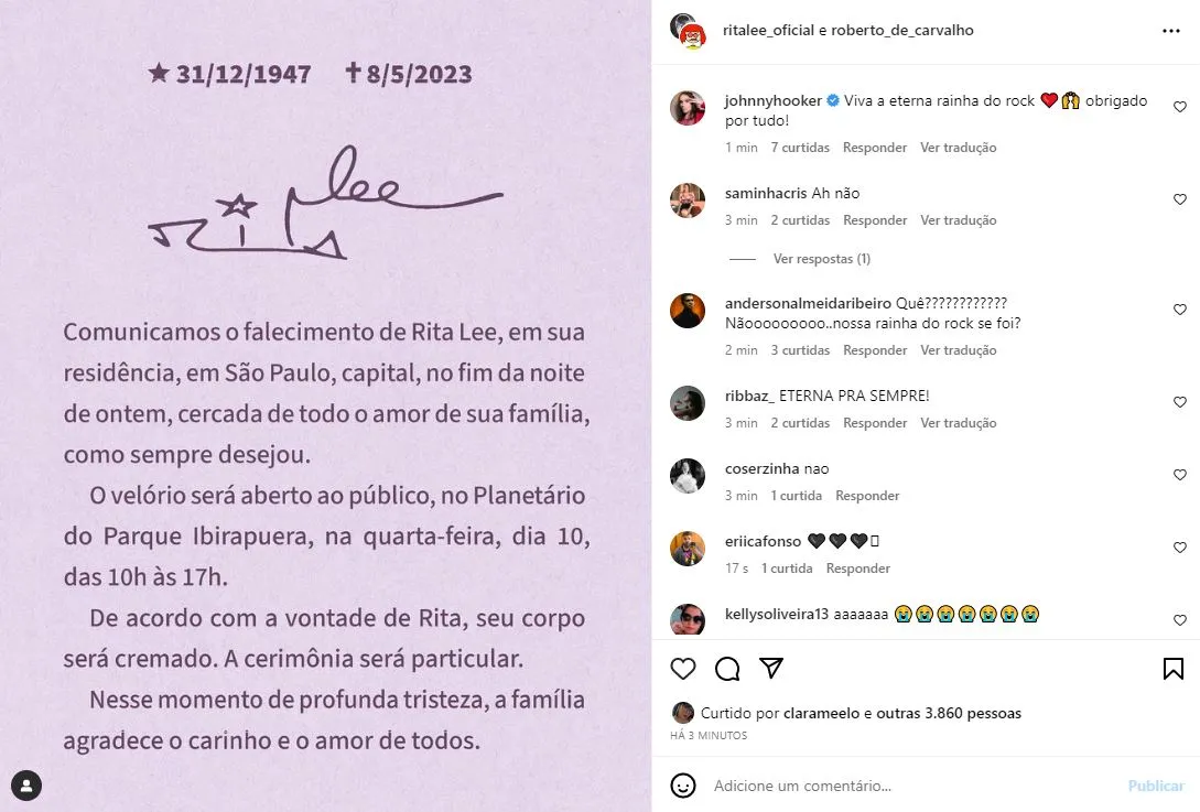 Falecimento foi informado no Instagram