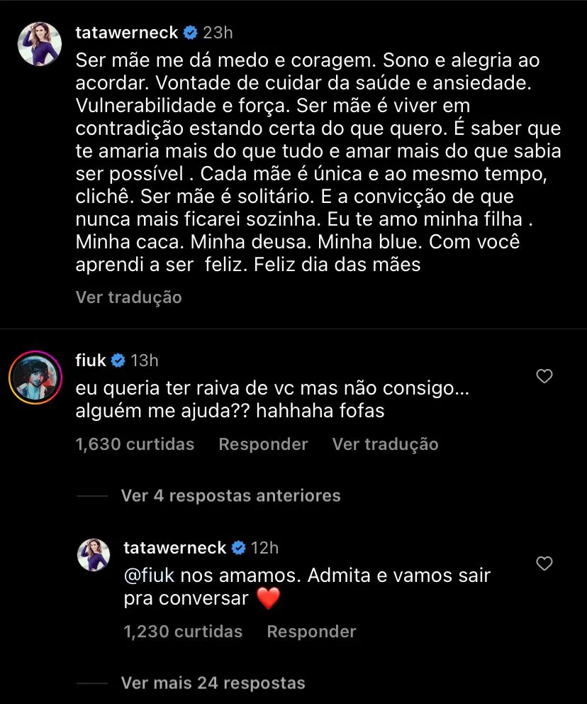 Fiuk deixou comentário em foto de Tatá pelo Dia das Mães