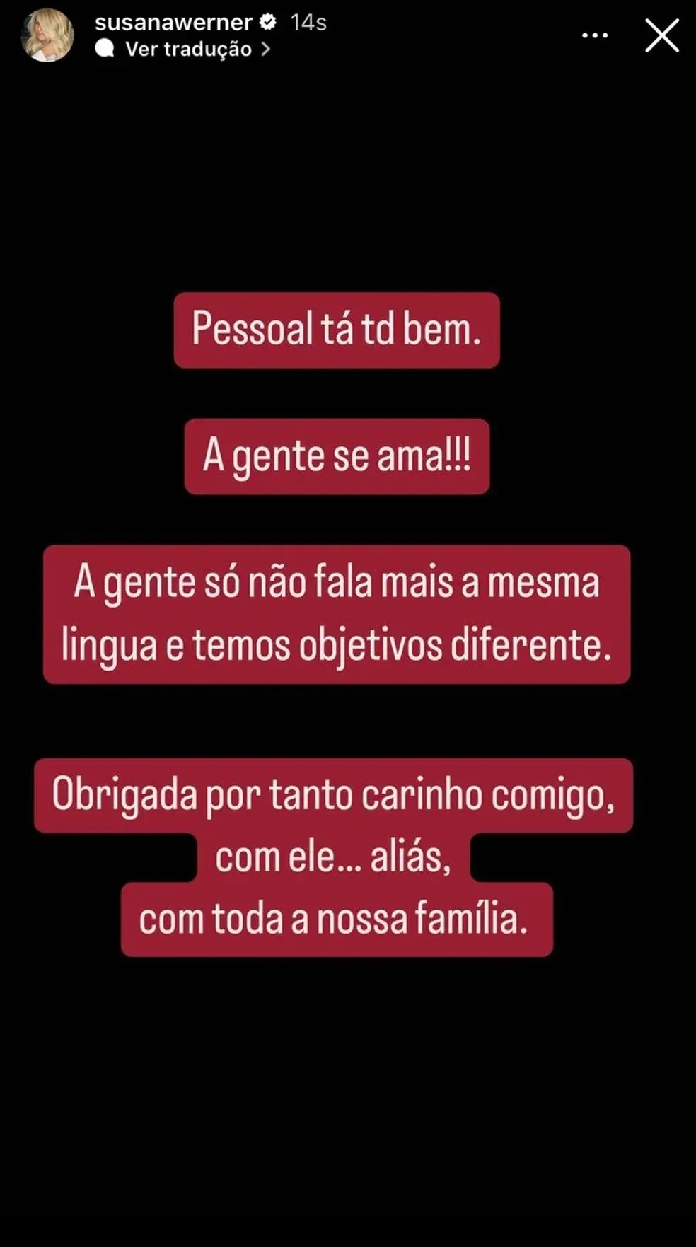 Susana publicou stories sobre a separação