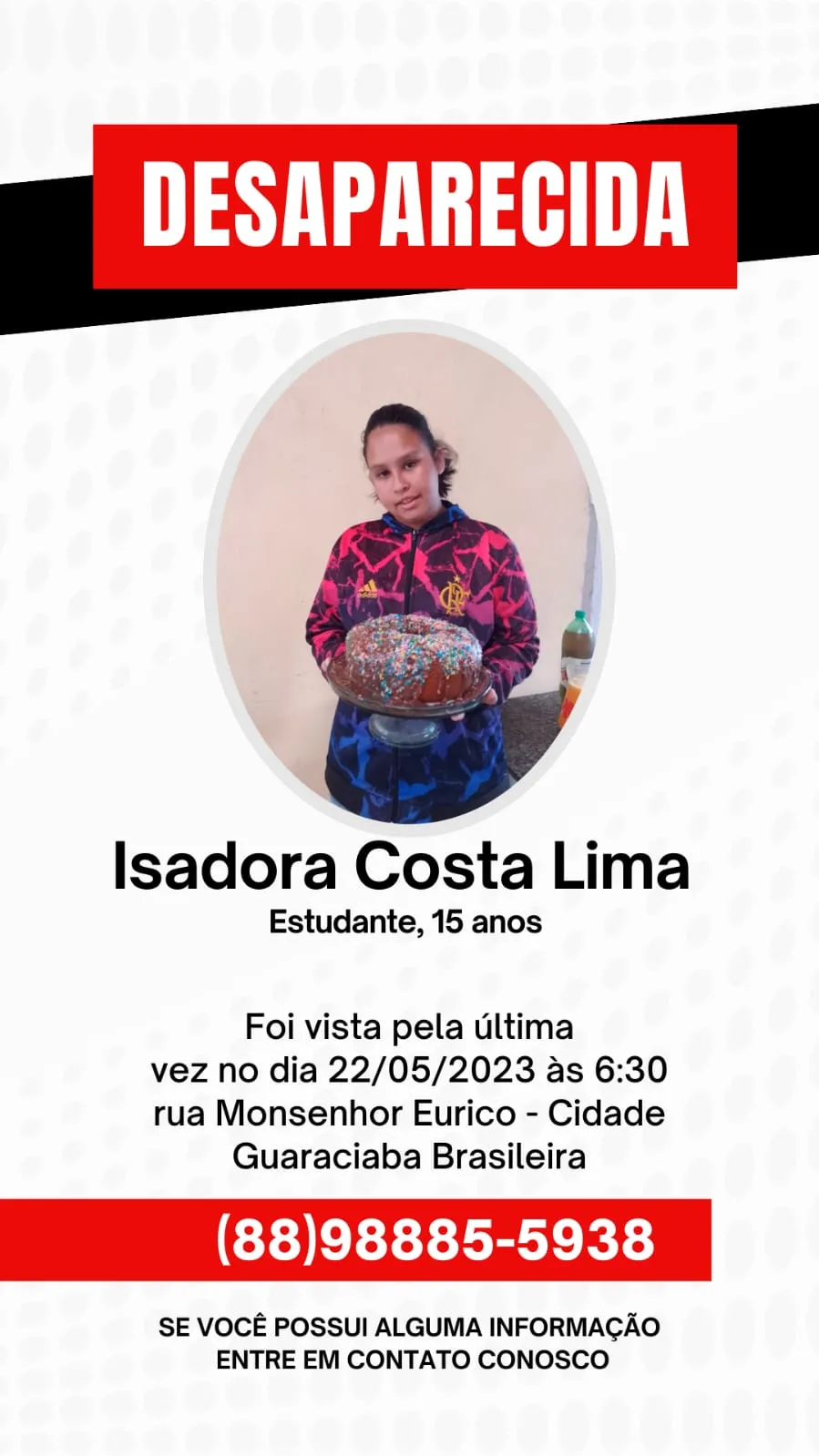 Isadora Lima da Costa desapareceu na zona rural de Guaraciaba do Norte