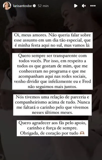 Larissa se manifestou em publicação no Instagram