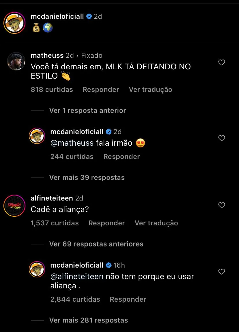 MC Daniel respondeu sobre ausência da aliança