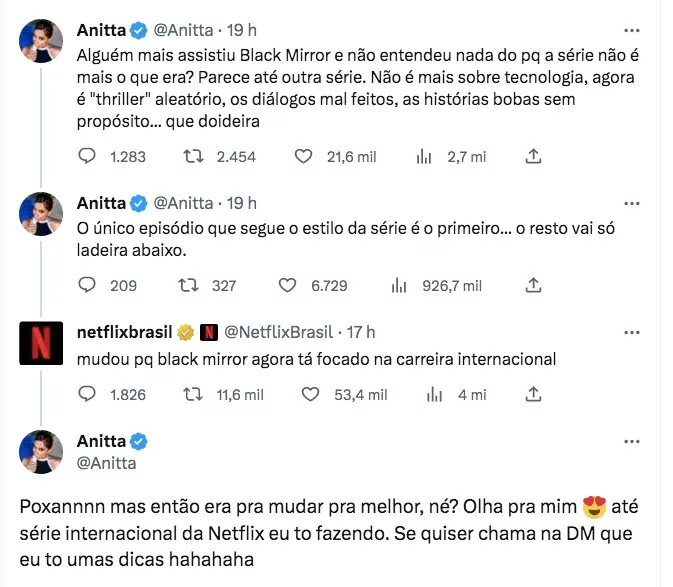 print de diálogo entre anitta e perfil da netflix