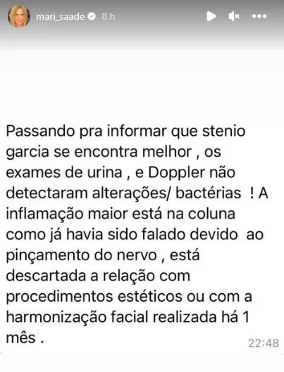 Mari Saade fez publicação nos Stories do Instagram