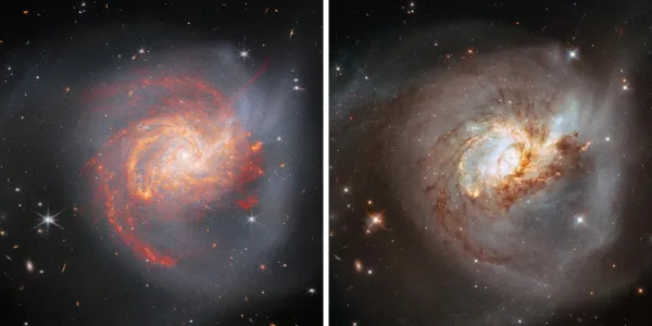 Galáxia NGC 3256 pelo supertelescópio James Webb, à esquerda, e pelo Hubble, à direita