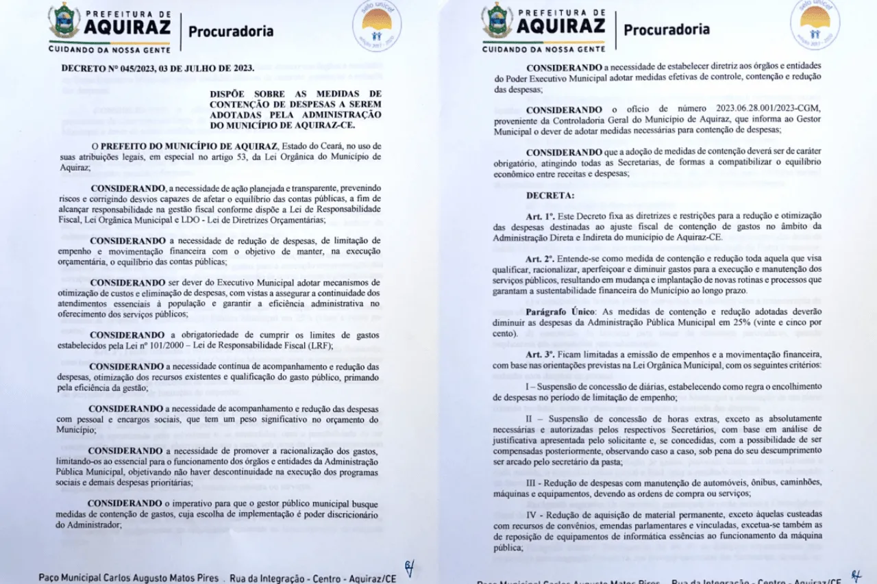 O decreto do último dia 3 institui diretrizes para a redução de gastos na administração de Aquiraz.