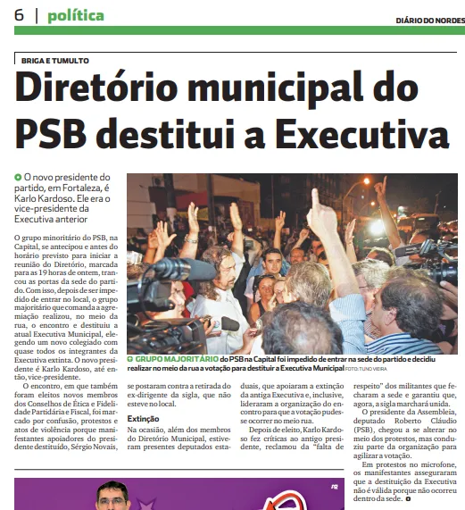 Reportagem do Diário do Nordeste do dia 16 de setembro de 2011 detalha como foi a destituição de Sérgio Novais da presidência do PSB Fortaleza