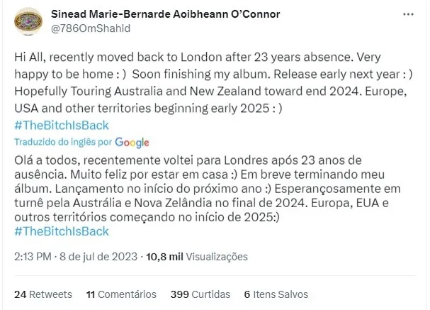 Sinéad preparava turnê mundial