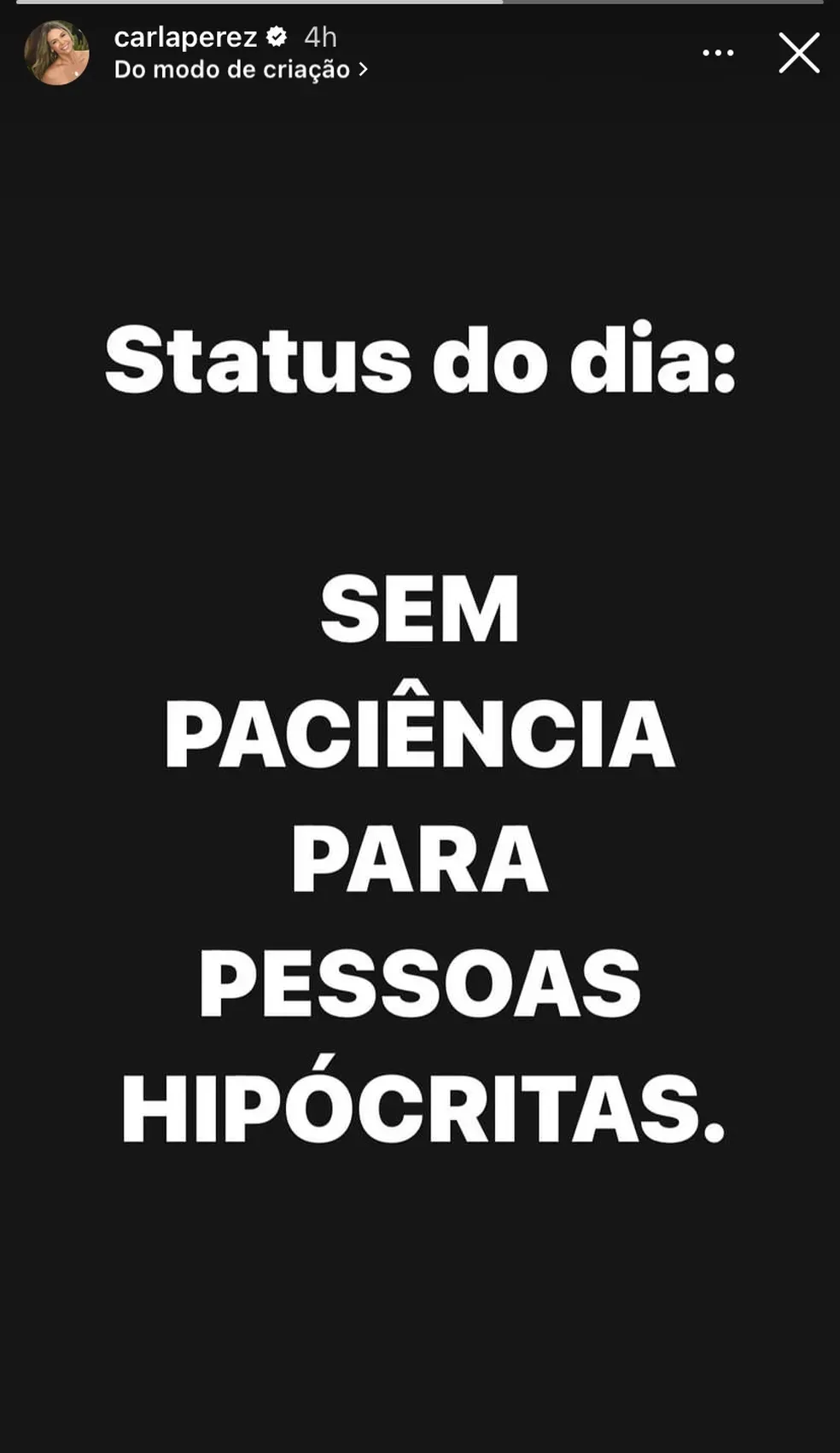 Carla Perez fez publicação nos Stories do Instagram