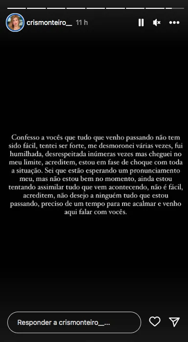 Pronunciamento dela foi publicado no Instagram