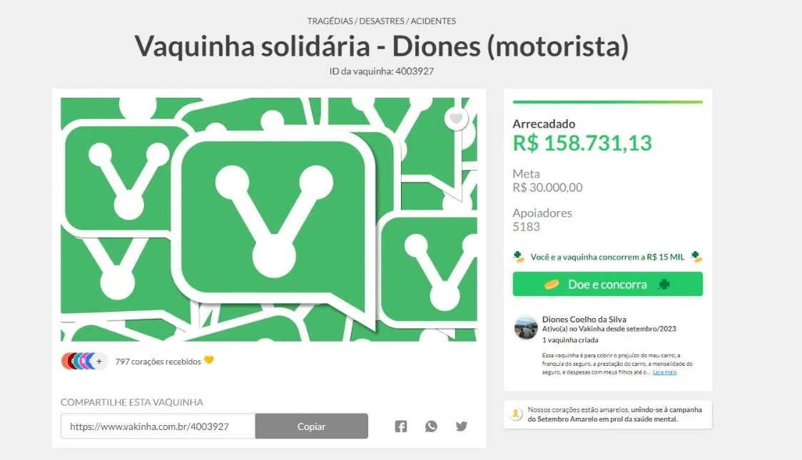 Vaquinha foi criada nesta quinta-feira (7)