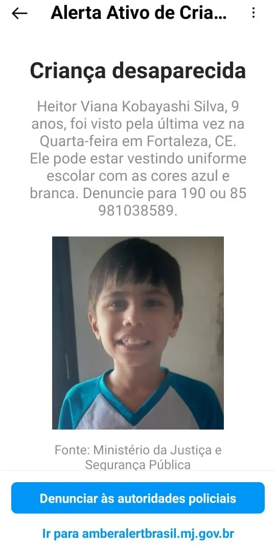 A procura por Heitor - que durou menos de 24 horas - sensibilizou a população cearense e foi impulsionada pela ferramenta Ambert Alerts