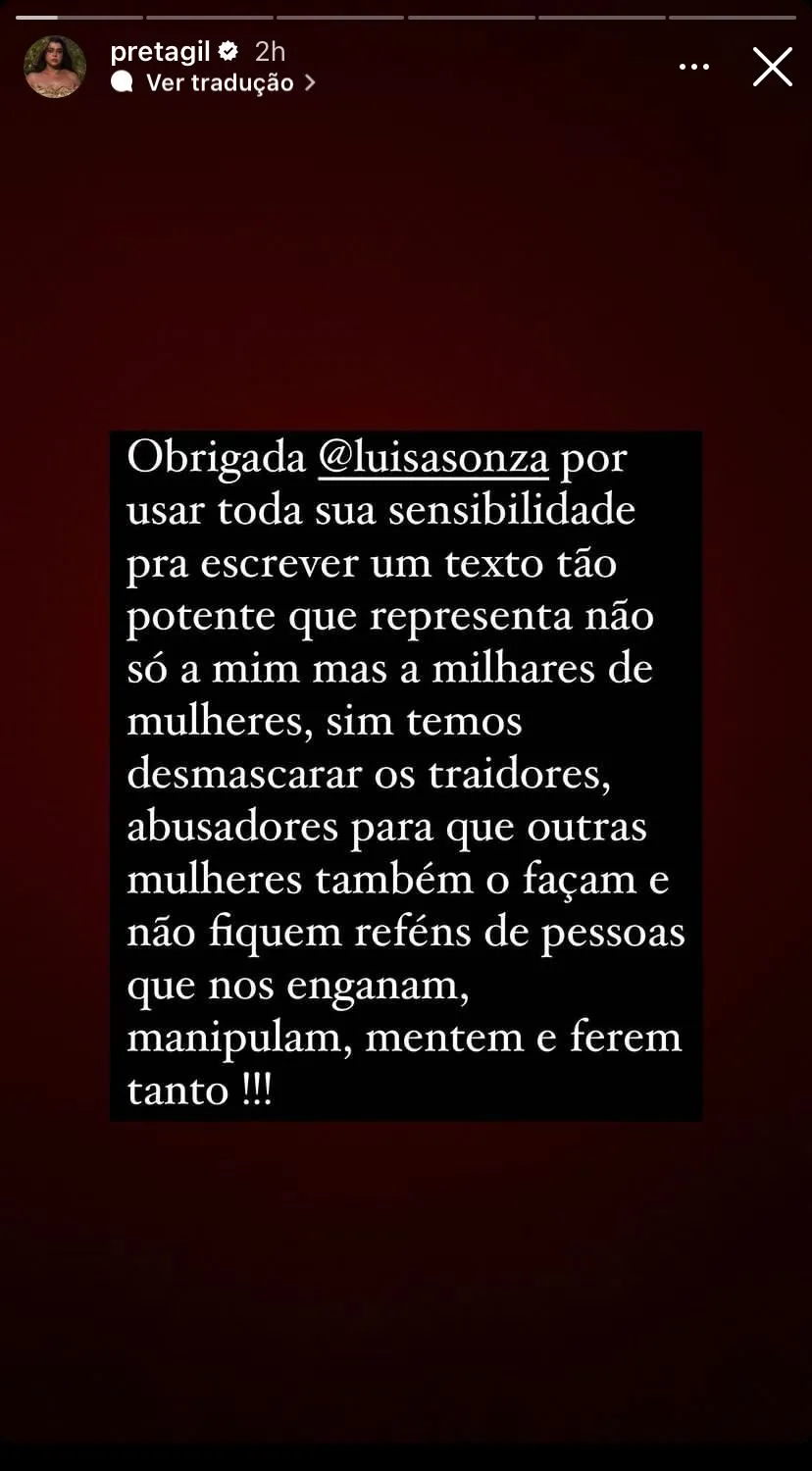 Preta Gil já falou publicamente que o casamento dela com Rodrigo Godoy chegou ao fim após ele a trair com sua personal stylist