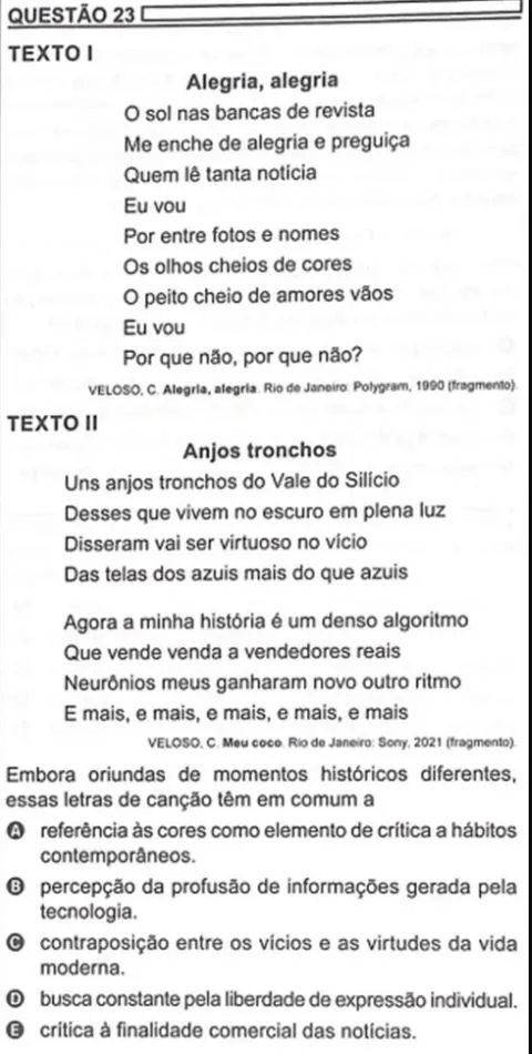 Prova citou duas canções de Caetano Veloso