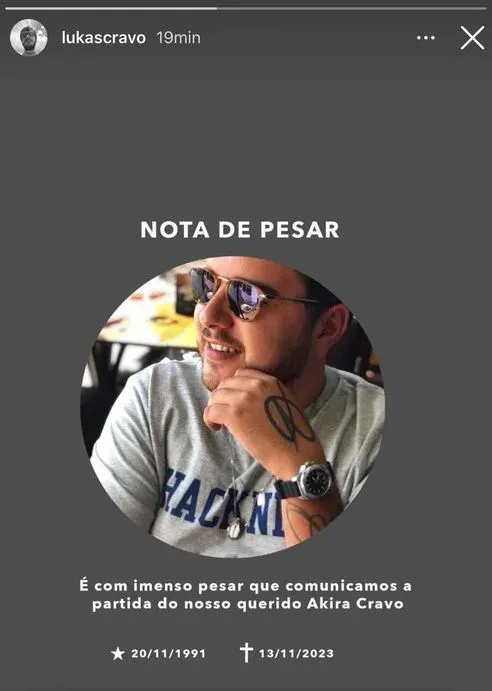 Nota de pesar sobre morte de Akira foi publicada nas redes sociais