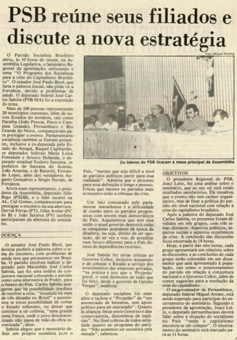 Registro do Diário do Nordeste sobre encontro de filiados do PSB Ceará, em 24 de março de 1991.