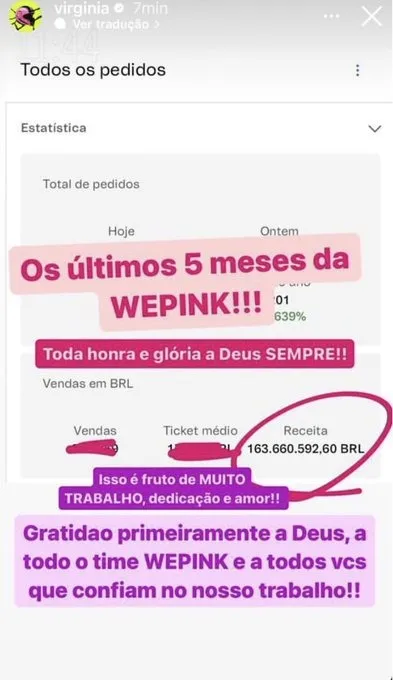 Virginia agradeceu a Deus por faturamento