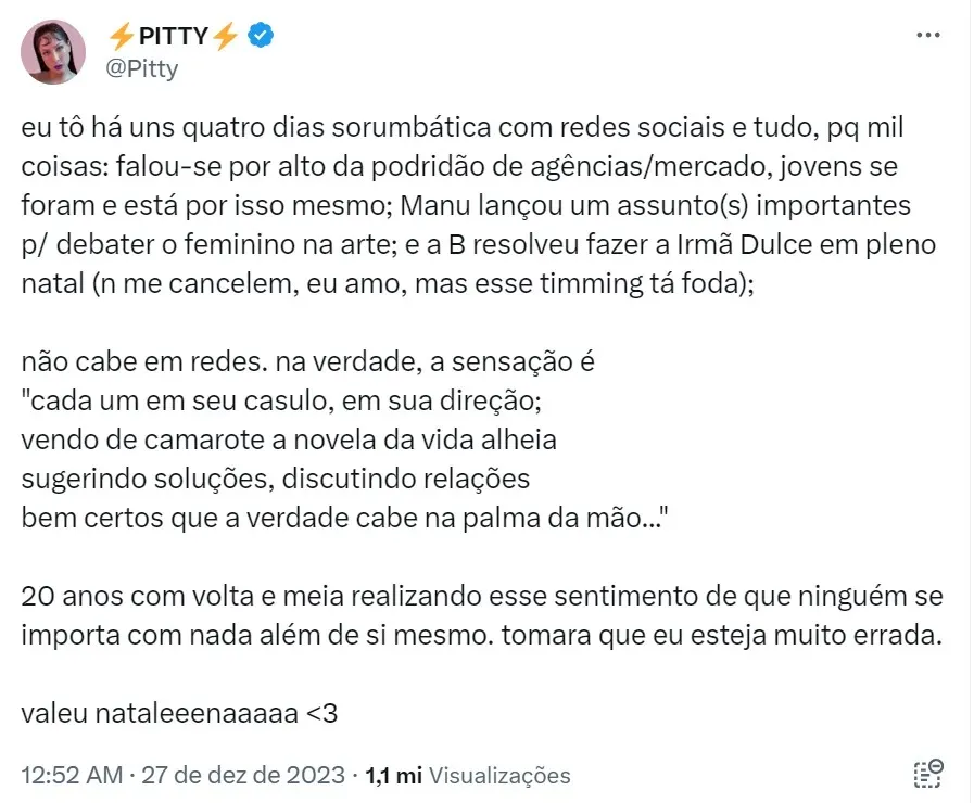 post de Pitty sobre a cantora Beyoncé