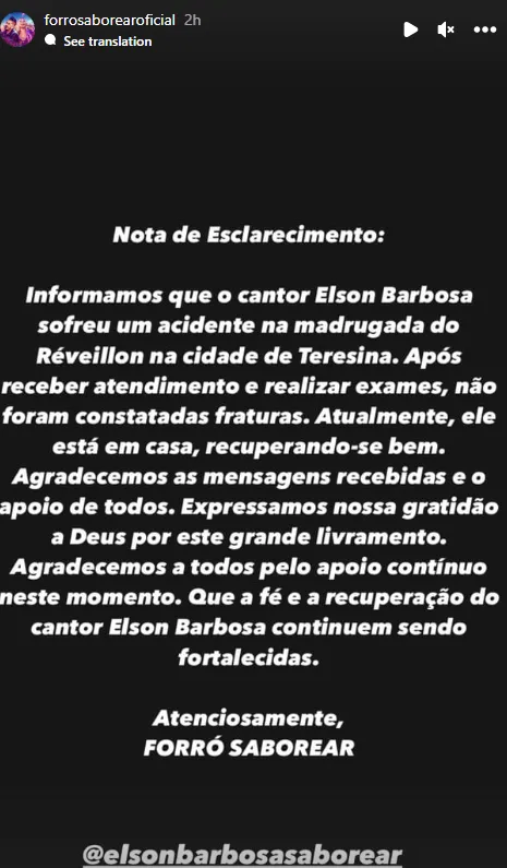 Banda de forró falou sobre o acidente nas redes sociais