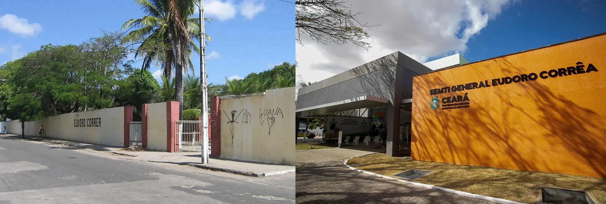 Fachada da escola antigamente (à esquerda) e atualmente (à direita)