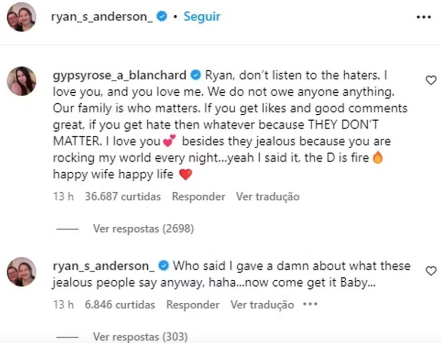 Gypsy escreveu mensagem para o companheiro, pedindo para que ele não se importe com os comentários