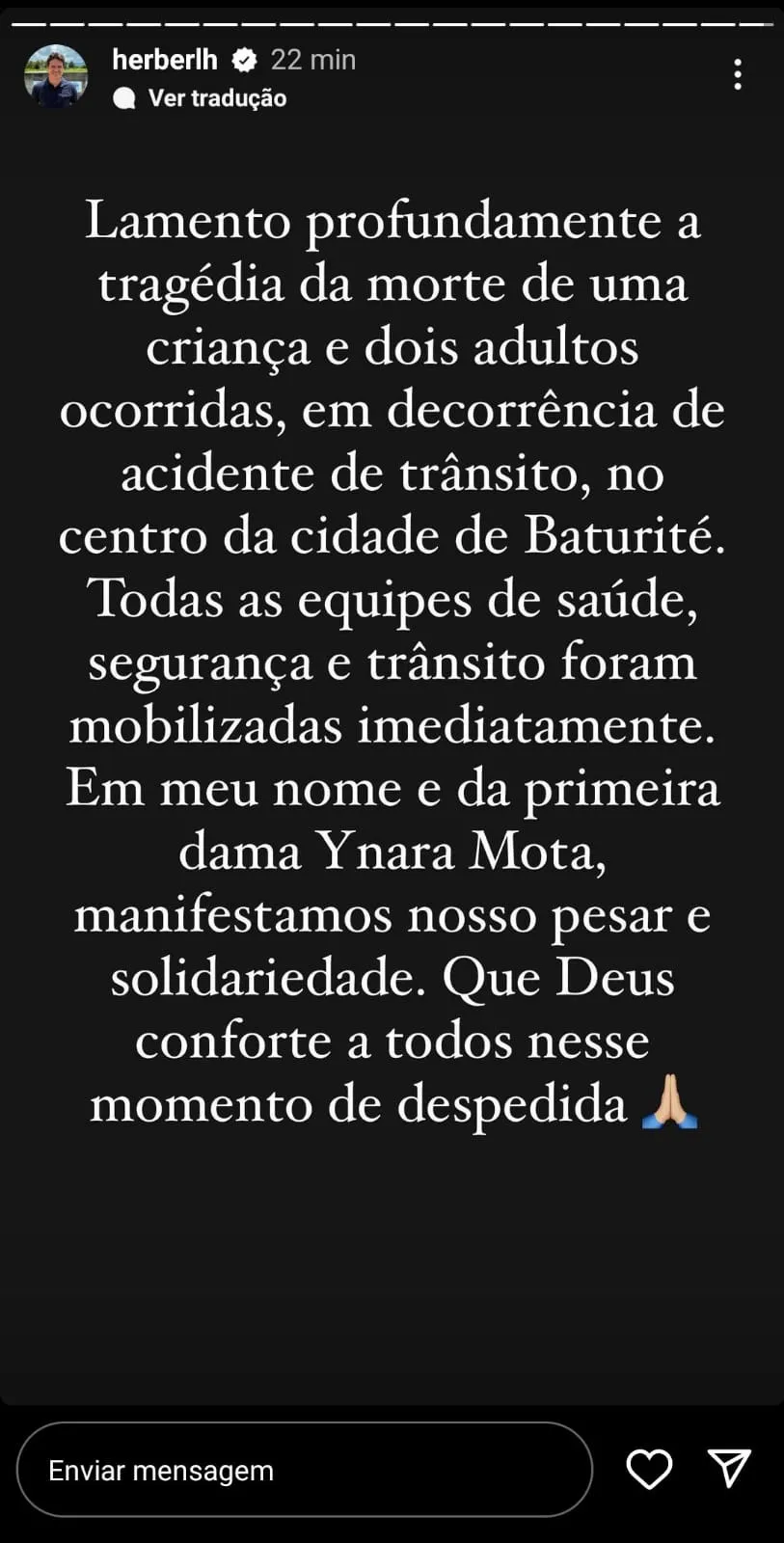 Prefeito de Baturité lamentou o acidente por meio de nota nas redes sociais