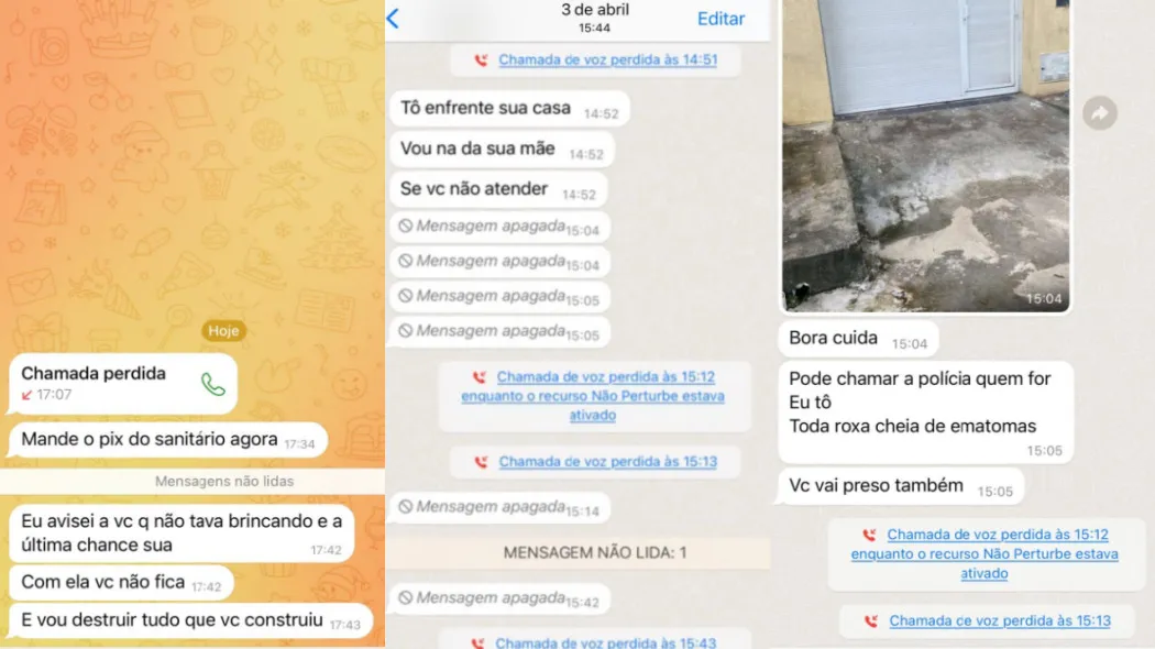Capturas de tela de aplicativos de mensagem mostram perseguição e ameaça. A mulher também chegou a ir na frente do trabalho dele