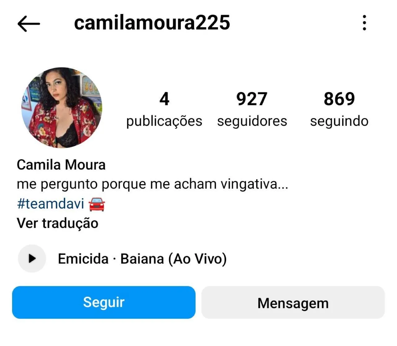 Camila Moura se manifestou no Instagram